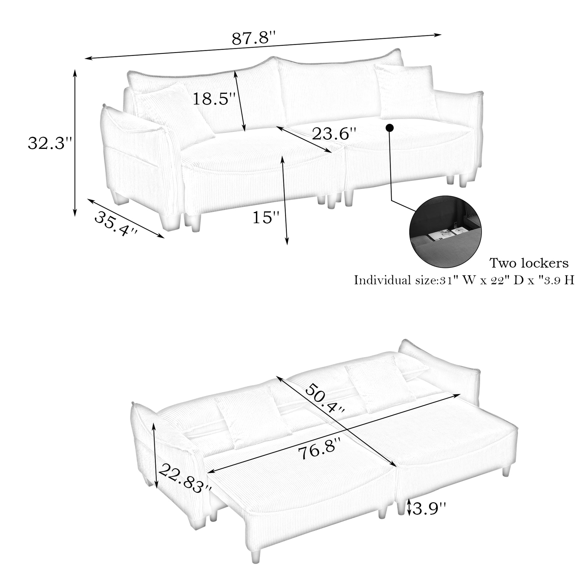 2345 grey corduroy fabric, sofa can be converted into a sofa bed with two throw pillows, suitable for living room and other scenes