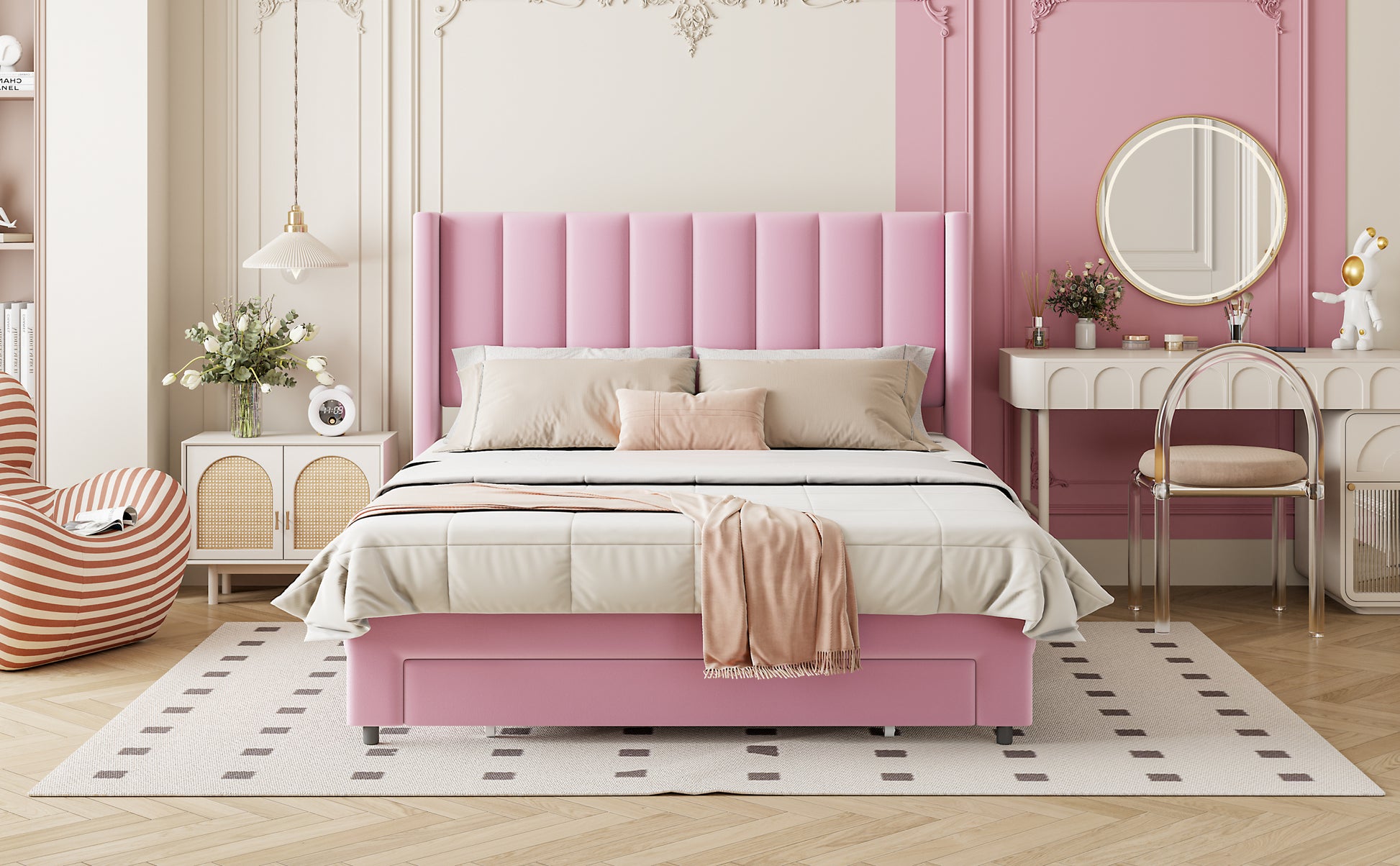 Full Size Storage Bed Velvet Upholstered Platform Bed with a Big Drawer - Pink(old sku:WF296850AAH)