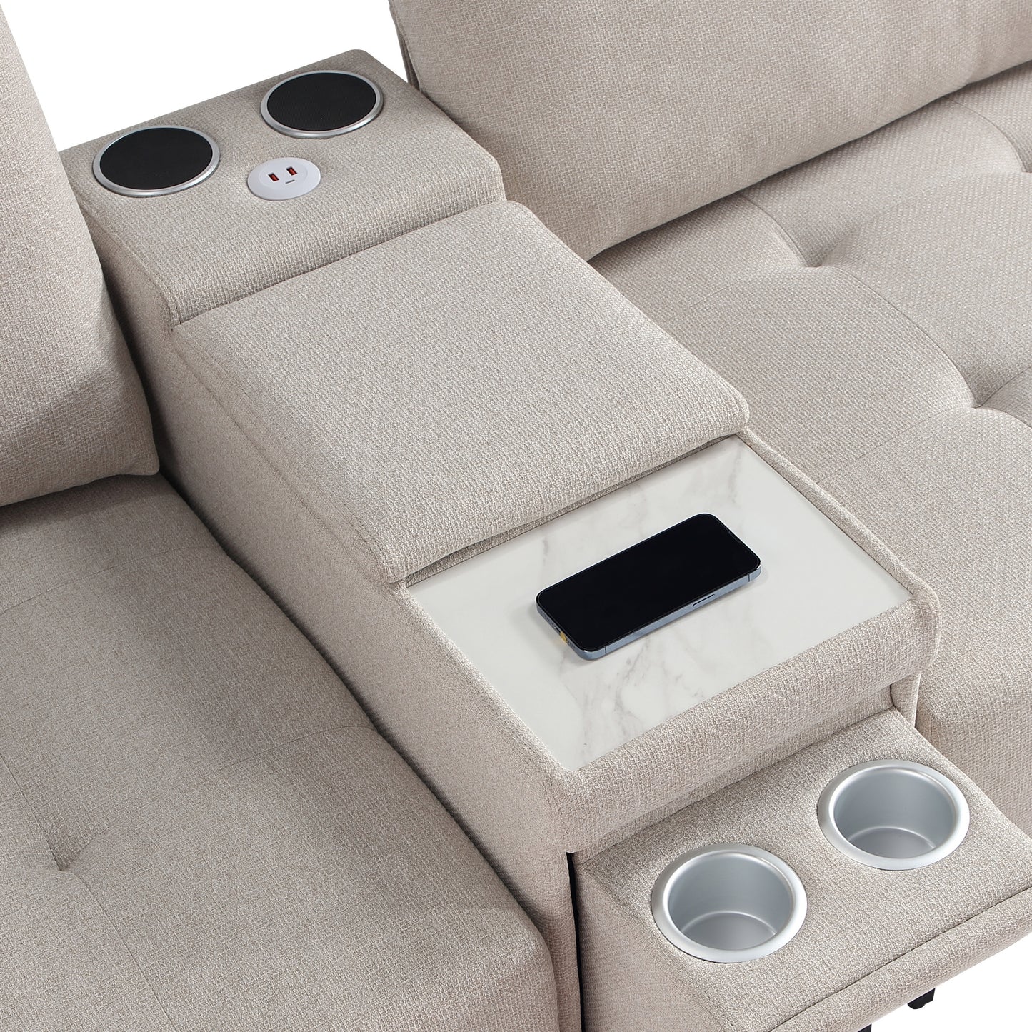 Modular Sectional Sofa,Multifunctional Couches for Living Room with Storage, mid console with speaker and storage,2 USB port and 1 type-C ,wireless charging ceramic top,aluminum cup holder.