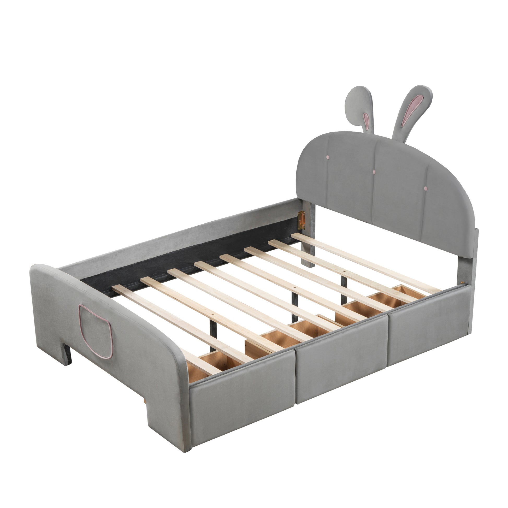 Full Size Velvet Platform Bed with Rabbit-Shaped Headboard, with Drawers, with Bed-End Storage Pocket, Gray