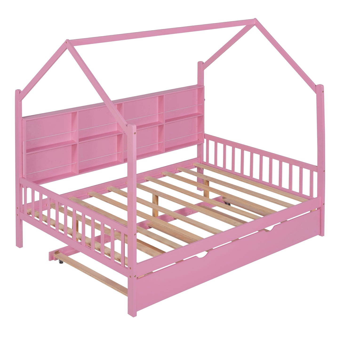 Wooden Full Size House Bed with Trundle,Kids Bed with Shelf,Pink