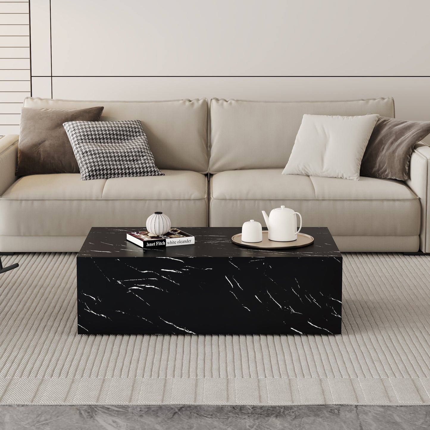 39.3*23.6*11.8 Inch Black Marble Texture MDF Coffee Table - Luxurious Design, Perfect Living Room Accent.Fashion texture design coffee table, suitable for various situations and scenes.