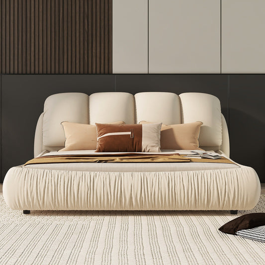 Queen Size Luxury Upholstered Bed With Thick Headboard, Velvet Queen Bed with Oversized Padded Backrest, Beige(Expect arrival date 2024/4/9)