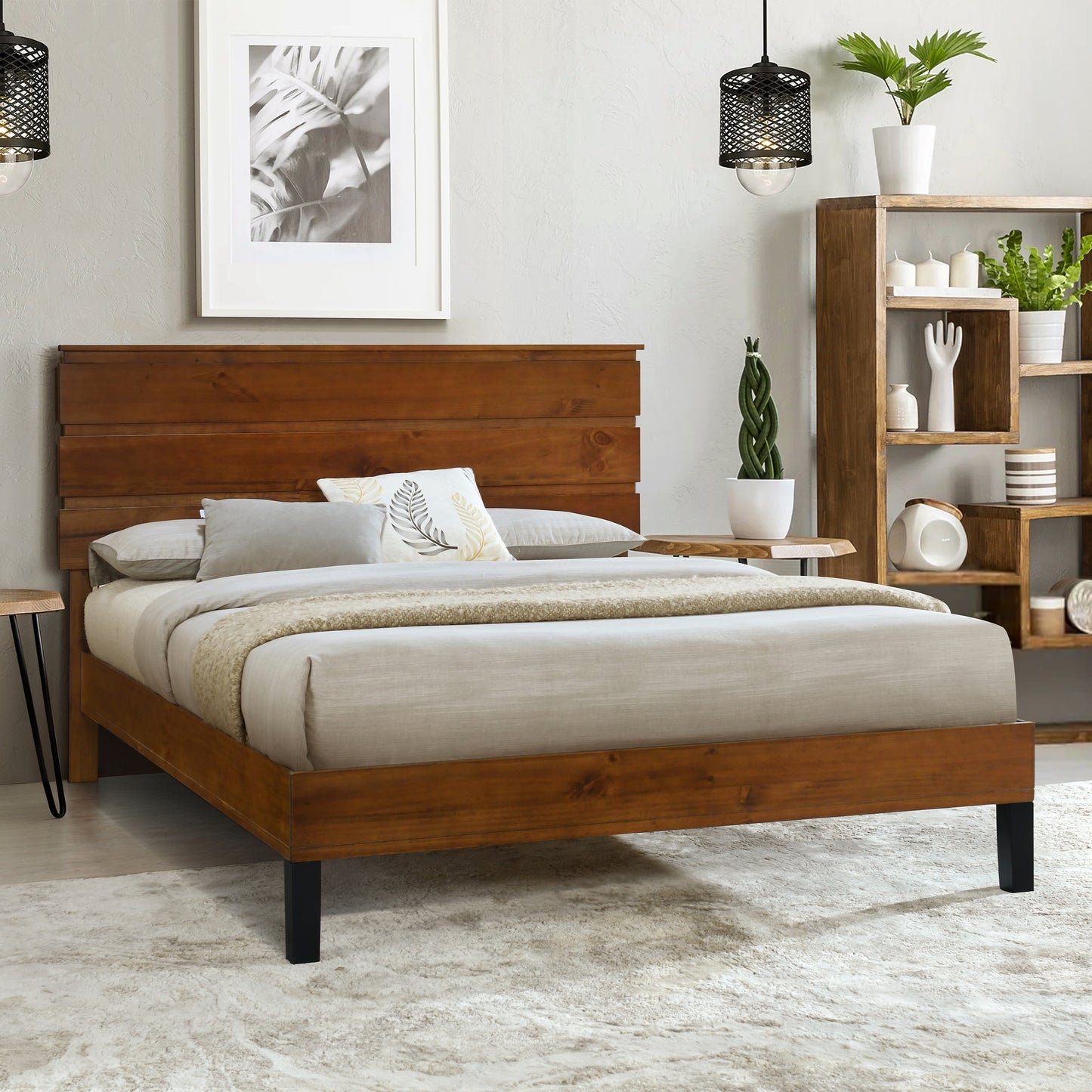 Mid-Century Modern Solid Wood Bed Frame Queen Size Platform Bed with Three-Piece Headboard Design, No Box Spring Needed, Brown