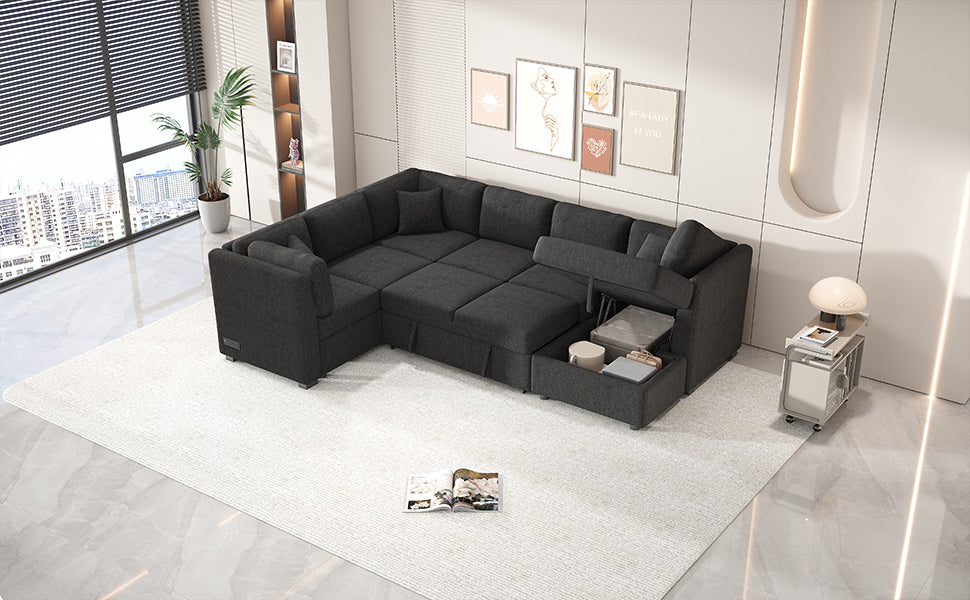 108.6" U-shaped Sectional Sofa Pull out Sofa Bed with Two USB Ports, Two Power Sockets, Three Back Pillows and a Storage Chaise for Living Room, Black