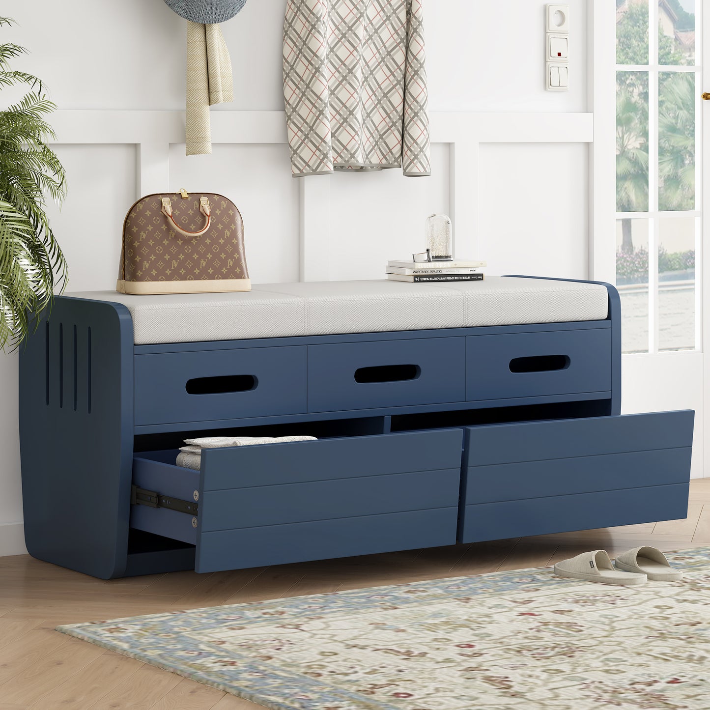 TREXM Rustic Storage Bench with 2 Drawers, Hidden Storage Space, and 3 False Drawers at the Top, Shoe Bench for Living Room, Entryway (Navy)