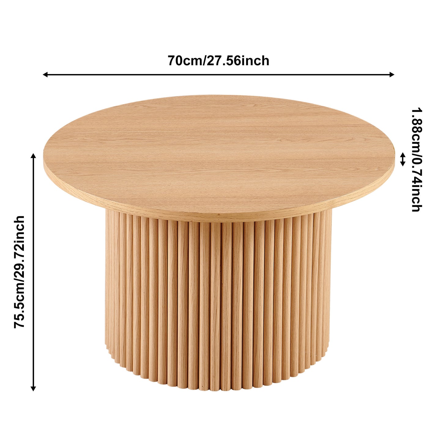 Oak Wood Veneer Tabletop 27.56 Inch Round Coffee Table, Farmhouse Circle Coffee Table MDF Table-top with Metal Base, Sofa Side Table for Living Room, Reception Room