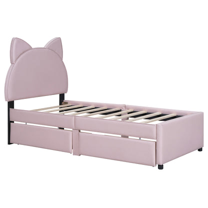 Twin Size Upholstered Platform Bed with Cartoon Ears Shaped Headboard and 2 Drawers, Pink