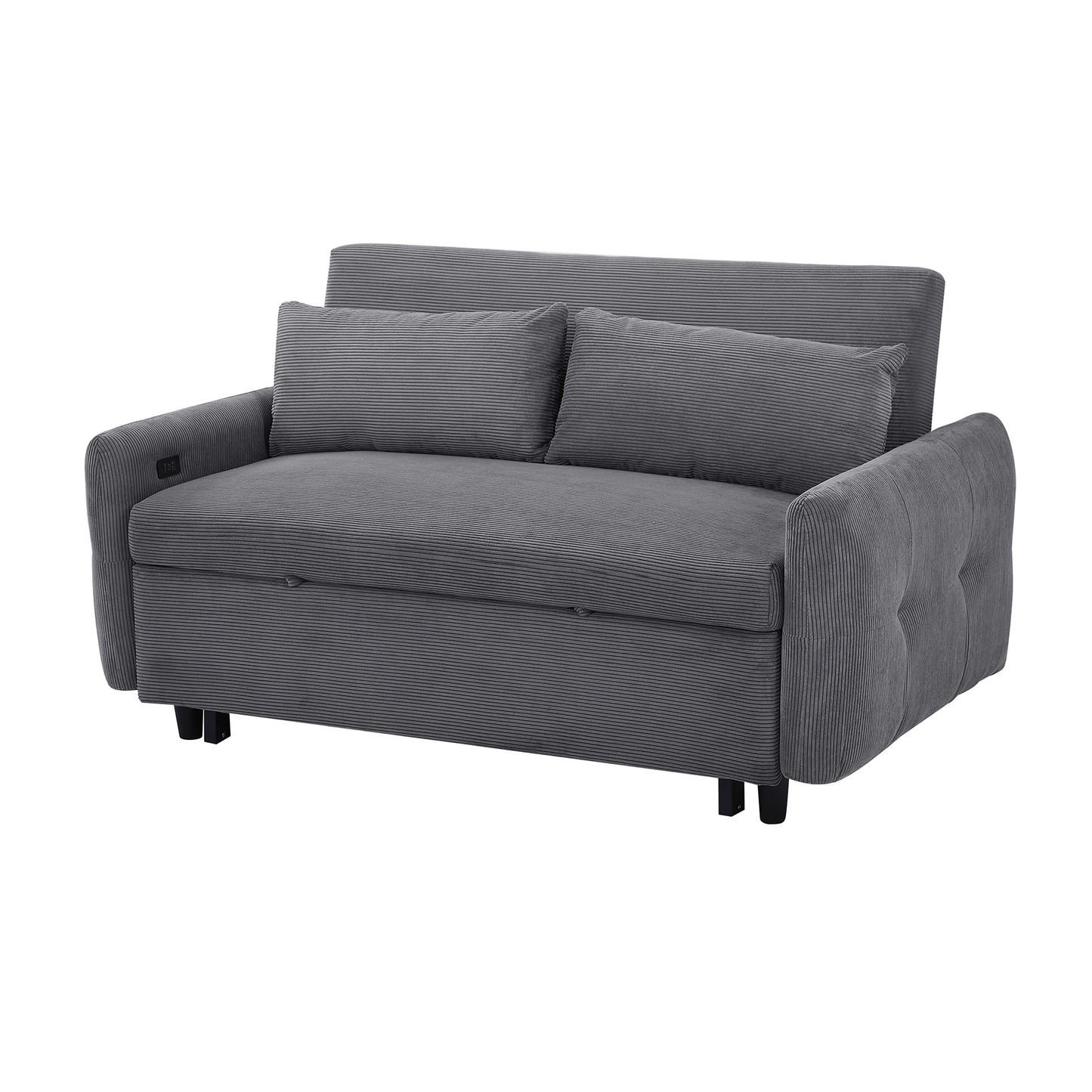 57.48" Pull-out Sofa Bed Convertible Couch 2 Seat Loveseat Sofa Modern Sleeper Sofa with Two Throw Pillows and USB Ports for Living Room, Dark Grey