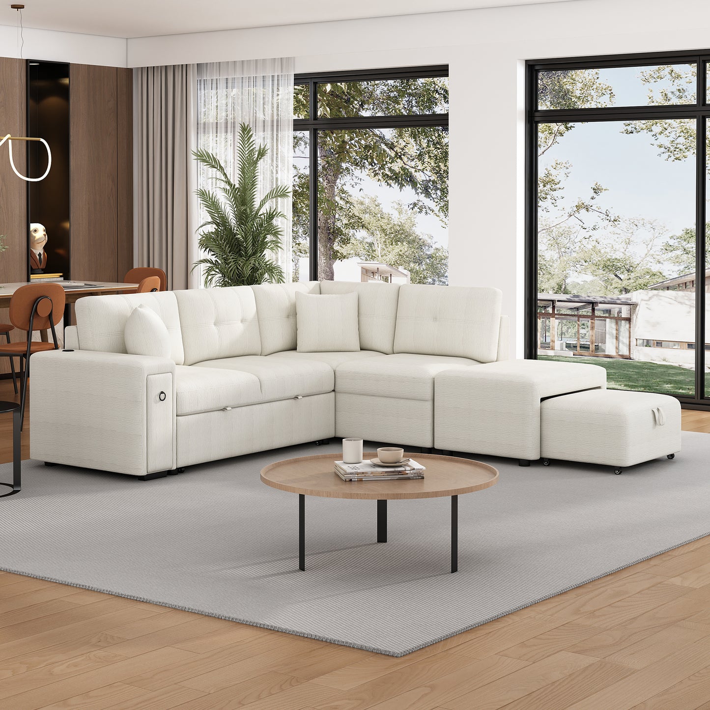 86.6" Sectional Sofa L-shaped Sofa Couch Pull-out Sofa Bed with a Movable Ottoman, Two USB Ports  and Two Cup Holders for Living Room, Beige