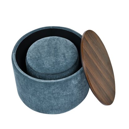 2-Piece Set Round Chenille Storage Ottoman, Equipped with a Drum Shaped Small Stool, Storage Space, and MDF Made Desktop Panel (Dark Blue23.62"x23.62"x16.53")