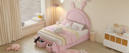 Full size Upholstered Rabbit-Shape Bed with 2 Storage Stools, Velvet Platform Bed with Cartoon Ears Shaped Headboard, Pink