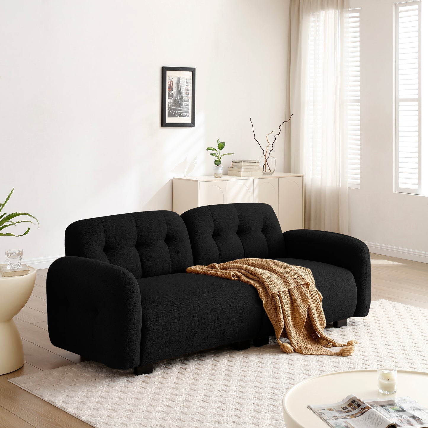 Modern Teddy Sofa Couch, 3-Seater Teddy Sofa Sectional with wooden Legs for 3-4 Persons, Upholstered Deep Seat Love Seat Sofa Chaise for Living Room,Bedroom, Apartment and Office,Black