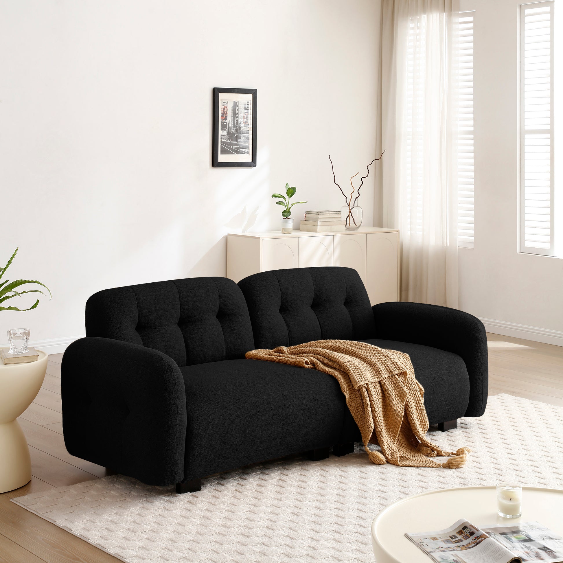 Modern Teddy Sofa Couch, 3-Seater Teddy Sofa Sectional with wooden Legs for 3-4 Persons, Upholstered Deep Seat Love Seat Sofa Chaise for Living Room,Bedroom, Apartment and Office,Black