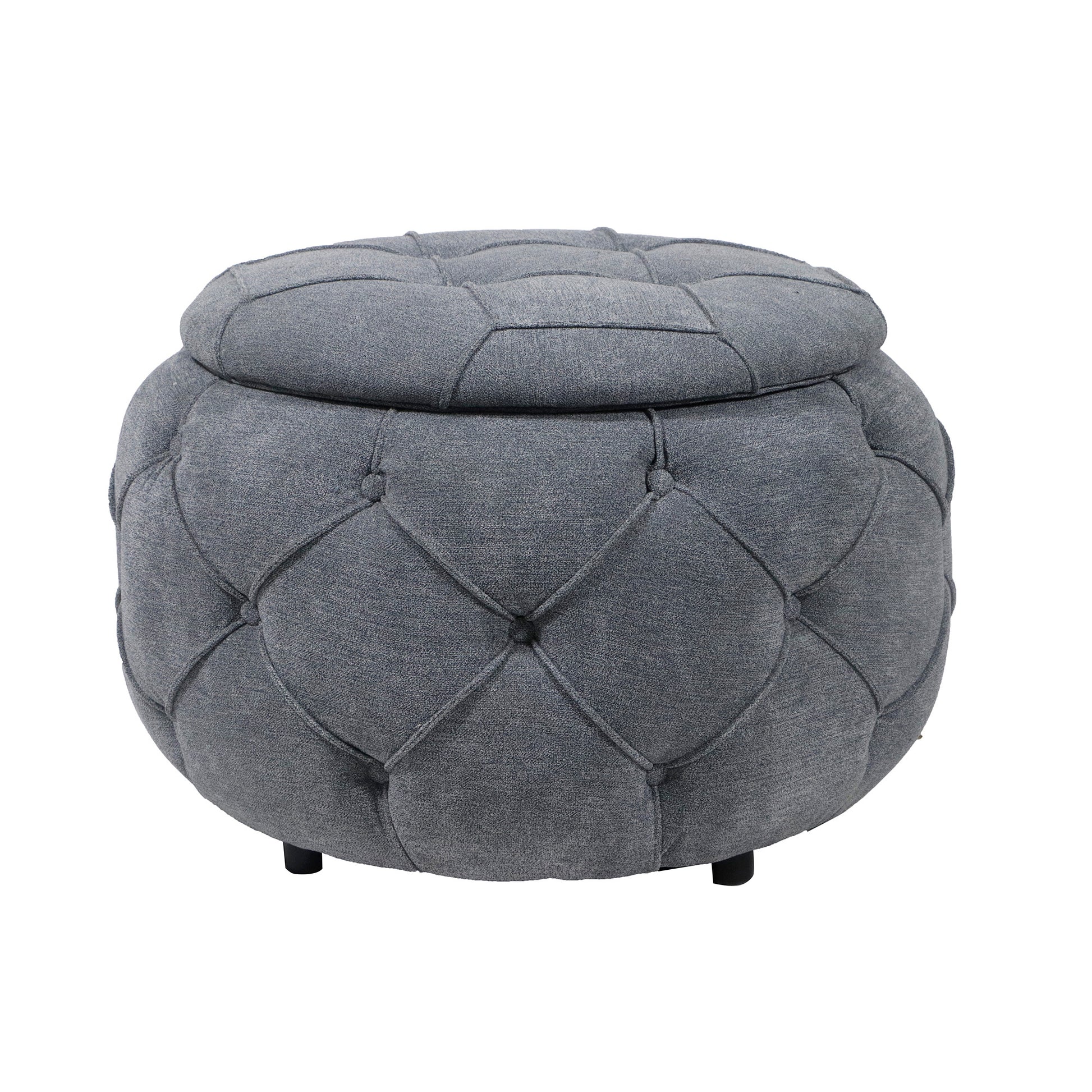 Large Button Tufted Woven Round Storage Ottoman  for Living Room & Bedroom,17.7"H Burlap Grey