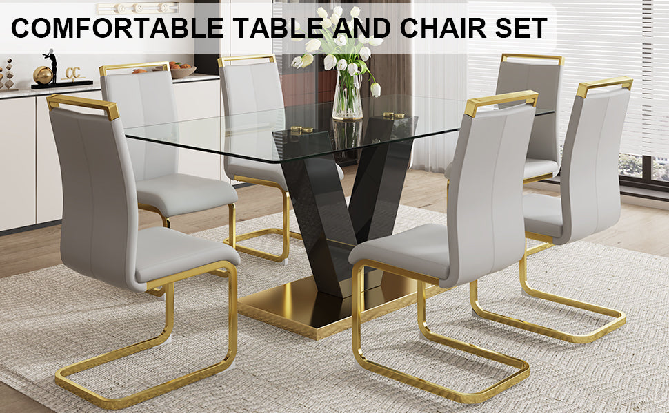 Table and chair set.Subtle Luxury Clear Tempered Glass Dining Set - 71"x35.4" with 6 Light Gray PU Chairs.C-tube Gold Metal Chair Legs.Bring a comfortable home experience to the kitchen, bedroom.