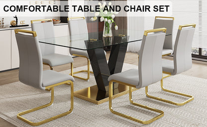 Table and chair set.Subtle Luxury Clear Tempered Glass Dining Set - 71"x35.4" with 6 Light Gray PU Chairs.C-tube Gold Metal Chair Legs.Bring a comfortable home experience to the kitchen, bedroom.