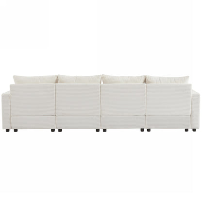 123.2" Modern Style 4-seater Sofa Sectional Sofa Couch with Storage Space, Two Movable Ottomans, Two USB Ports, Two Cup Holders, A Phone Holder for Living Room, Beige