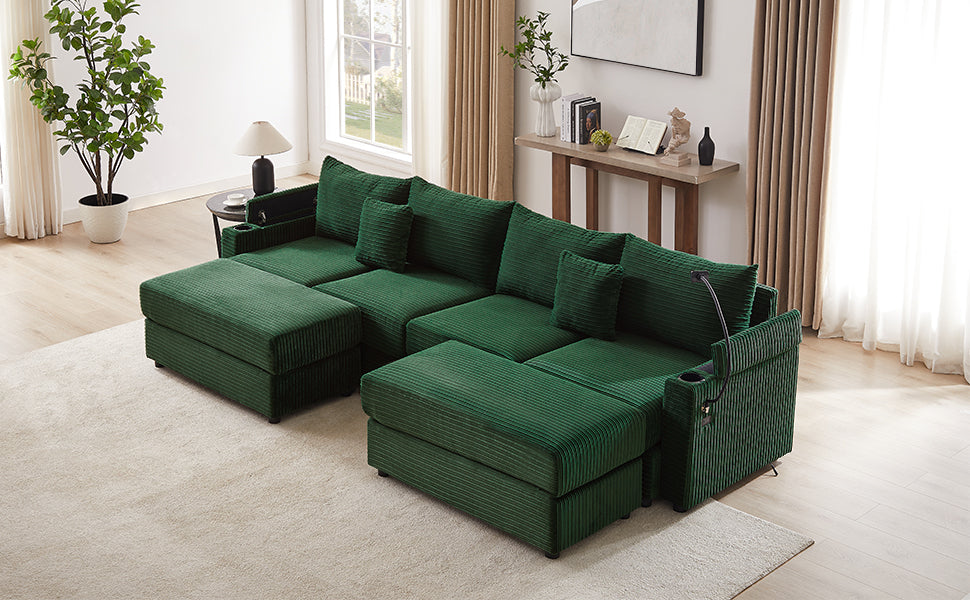 123.2" Modern Style 4-seater Sofa Sectional Sofa Couch with Storage Space, Two Movable Ottomans, Two USB Ports, Two Cup Holders, A Phone Holder for Living Room, Green