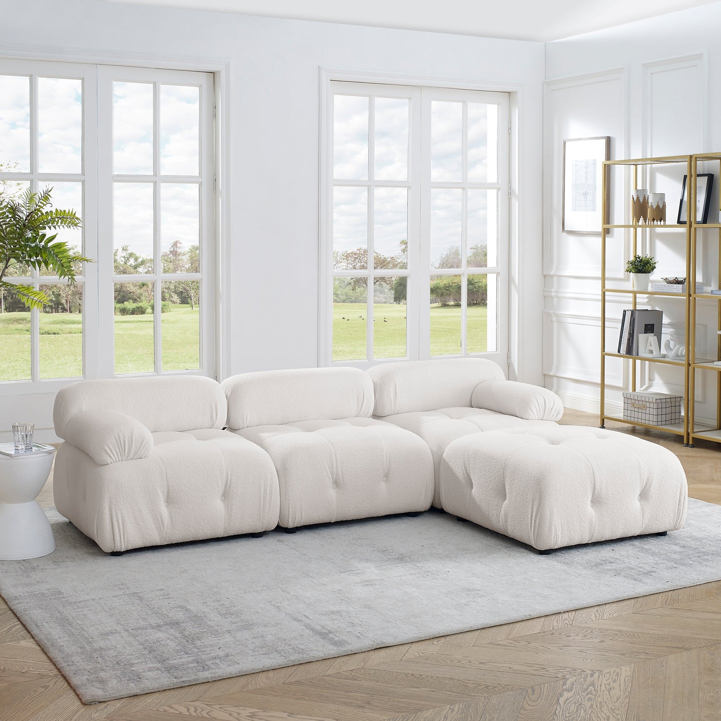 Modular Sectional Sofa, Button Tufted Designed and DIY Combination,L Shaped Couch with Reversible Ottoman, Ivory Teddy Fabric