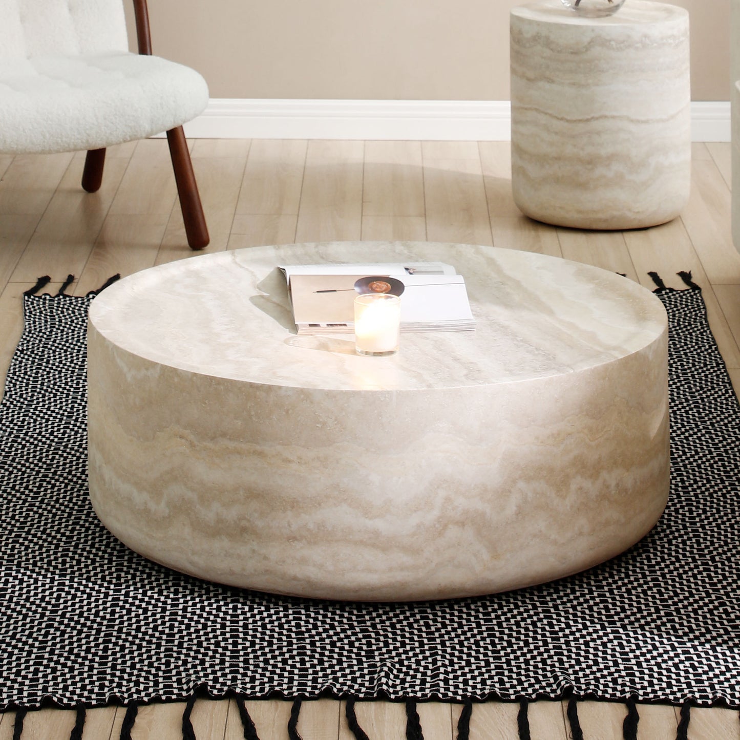 35.43'' Faux MARS Pattern Coffee Tables for Living Room Round Tea Faux Travertine Textured  table for Living Room, No Need Assembly.