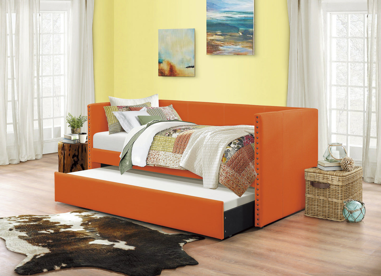 Orange Fabric Upholstered 1pc Day Bed with Pull-out Trundle Nailhead Trim Wood Frame Furniture