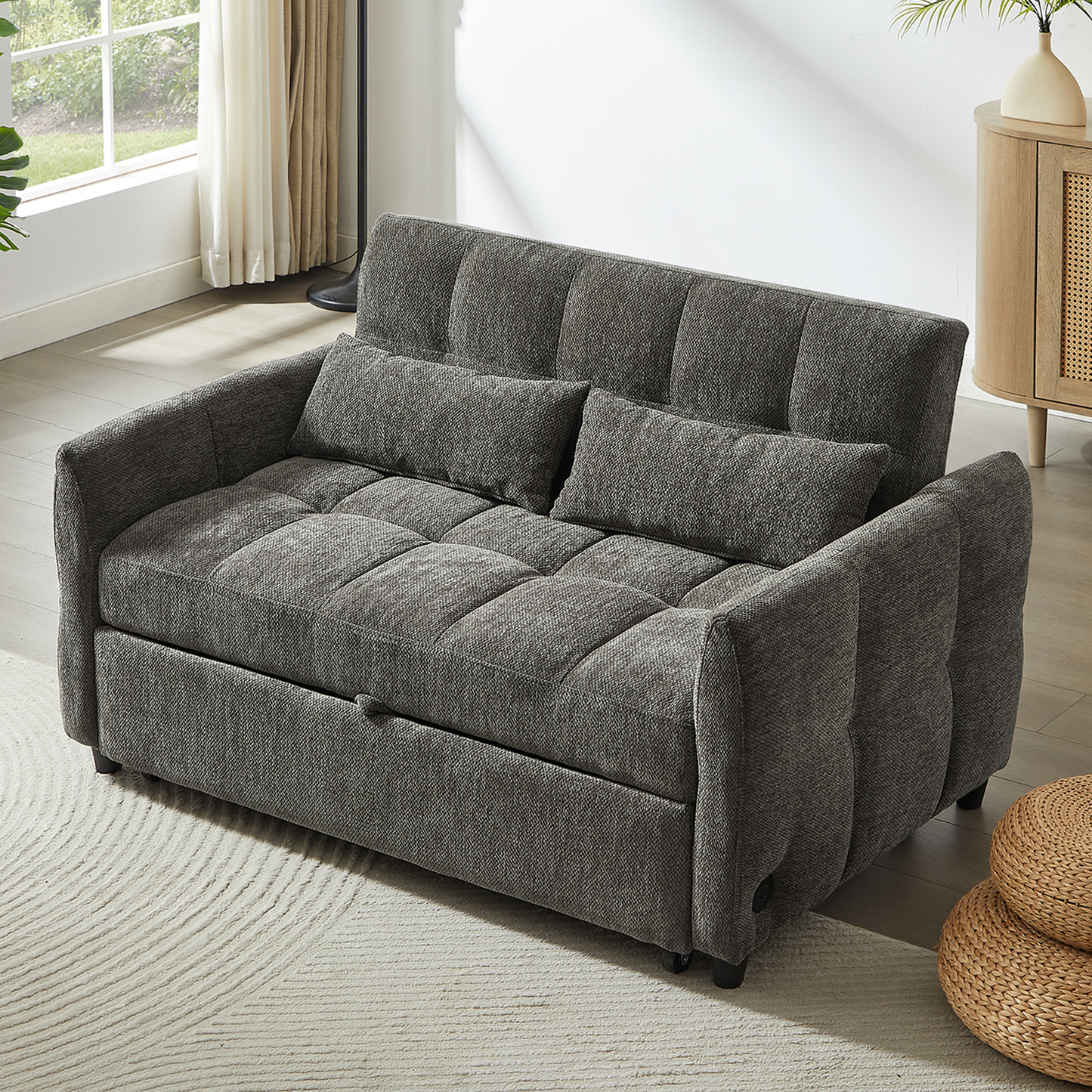 52.8" Loveseat Sofa Pull-out Sofa Bed Tufted Sleeper Sofa with an Adjustable Backrest, Three USB Ports and Two Lumbar Pillows for Living Room, Grey