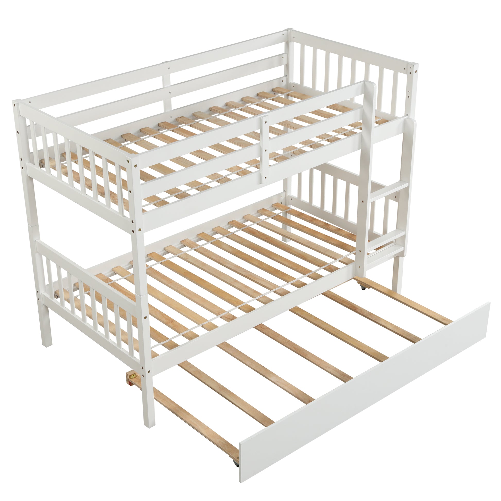 Twin Over Twin Bunk Beds with Trundle, Solid Wood Trundle Bed Frame with Safety Rail and Ladder, Kids/Teens Bedroom, Guest Room Furniture, Can Be converted into 2 Beds, White (Old Sku:W504S00028)