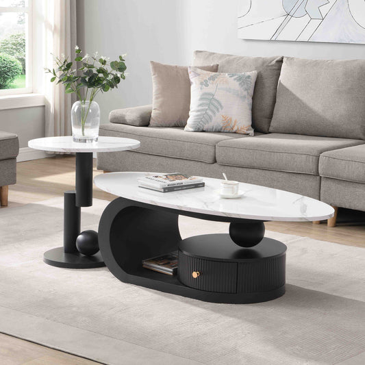 Modern Nesting Coffee Table Set of 2 End Table for Living Room, Oval and Round Table Set