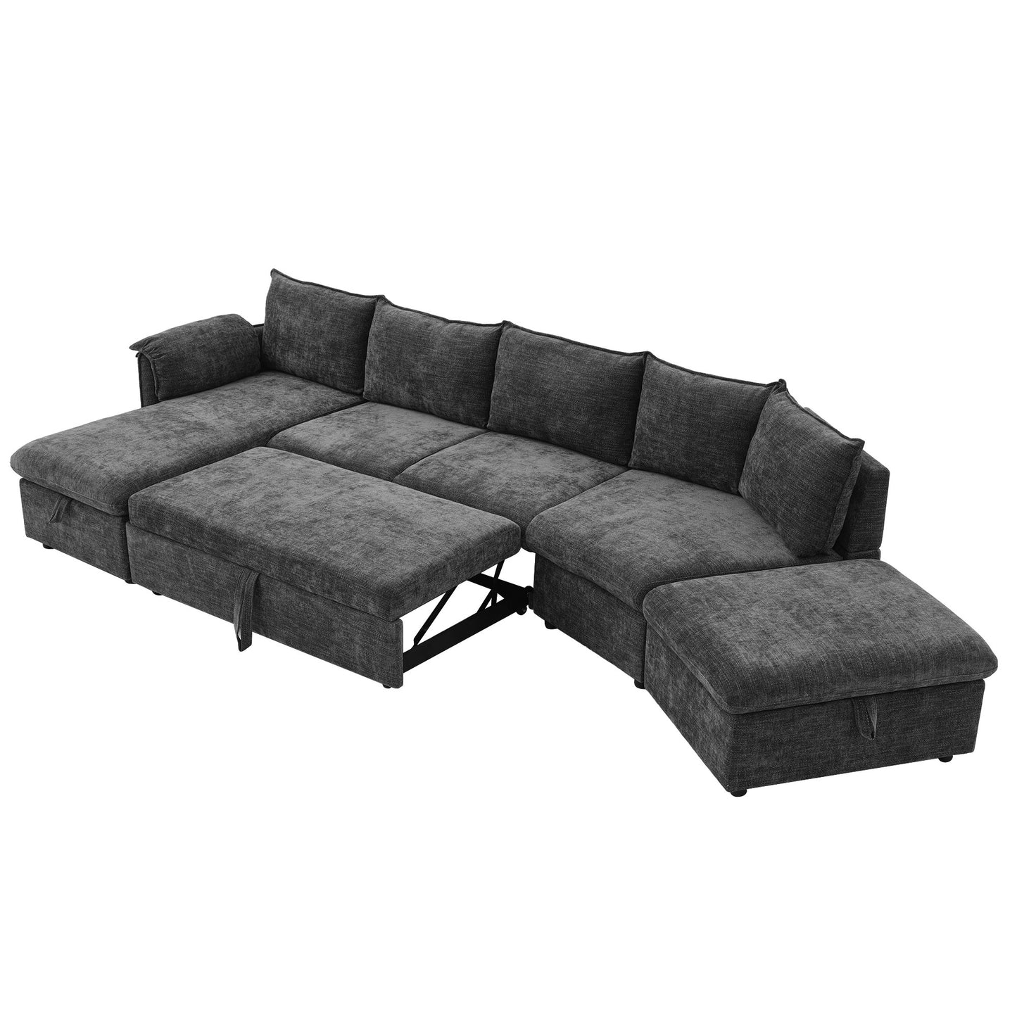 146.9" L-shaped Sofa Sectional Sofa Couch Pull-out Sofa Bed with a Movable Storage Ottoman, a Storage Chaise Lounge and Two USB Ports for Living Room, Grey