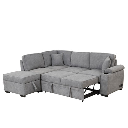 84.75" Sleeper Sofa Bed,2 in 1 Pull Out sofa bed L Shape Couch with Storage Ottoman for Living Room,Bedroom Couch and Small Apartment, Gray