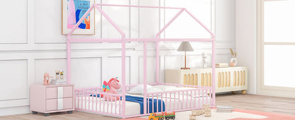 Full Size Metal Bed House Bed Frame with Fence, for Kids, Teens, Girls, Boys,Pink