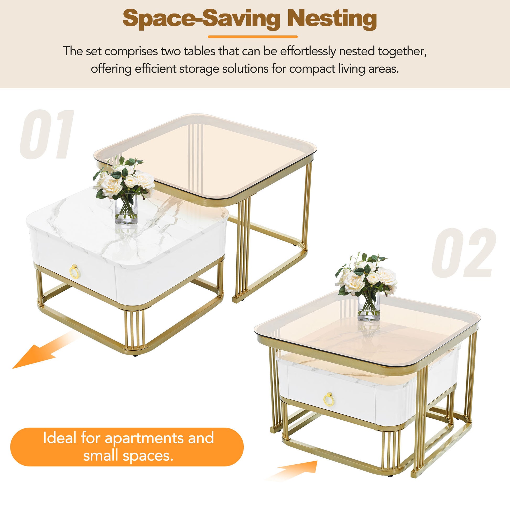 ON-TREND Nesting Coffee Table with Drawer, Set of 2, Exquisite Square Stacking Coffee Tables with Brown Tempered Glass, Side Table with High Gloss Marble Grain Tabletop for Living Room, White