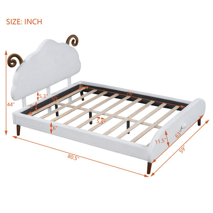 Full Size Upholstered Platform Bed with Sheep-Shaped Headboard, White