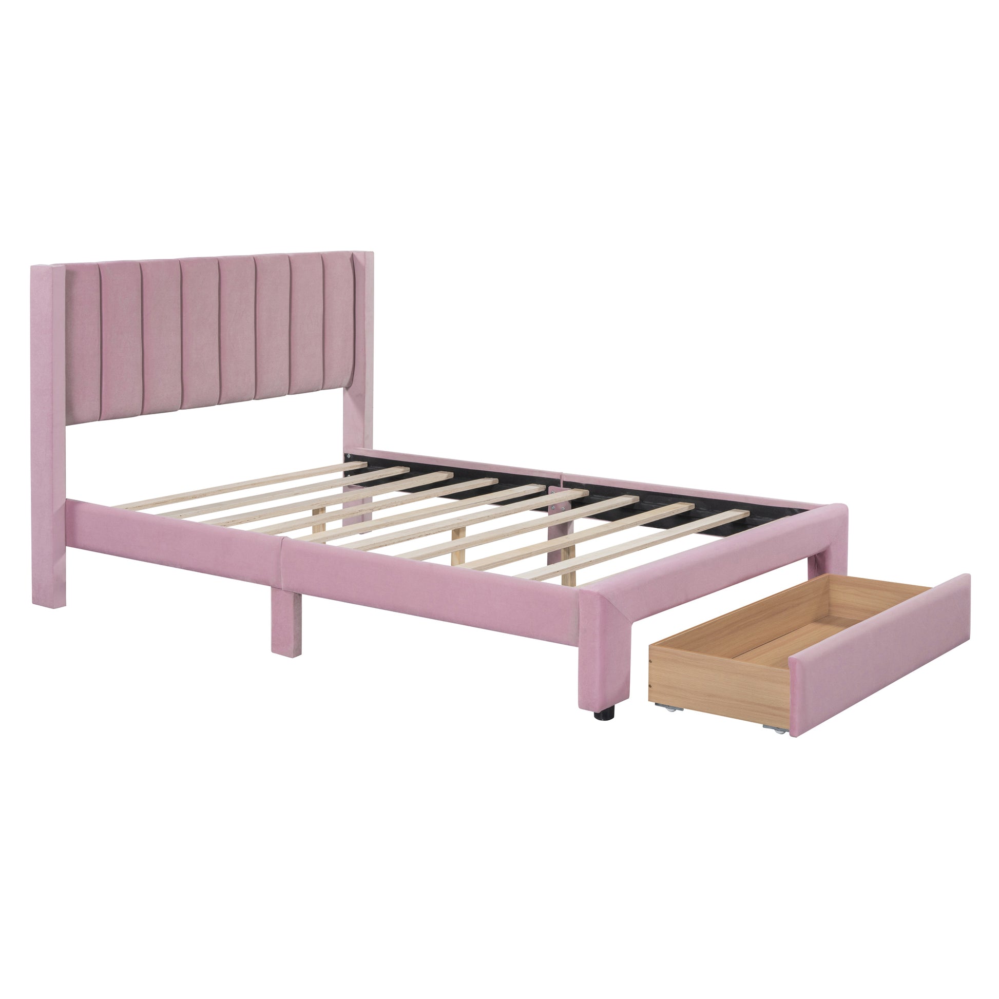 Full Size Storage Bed Velvet Upholstered Platform Bed with a Big Drawer - Pink(old sku:WF296850AAH)