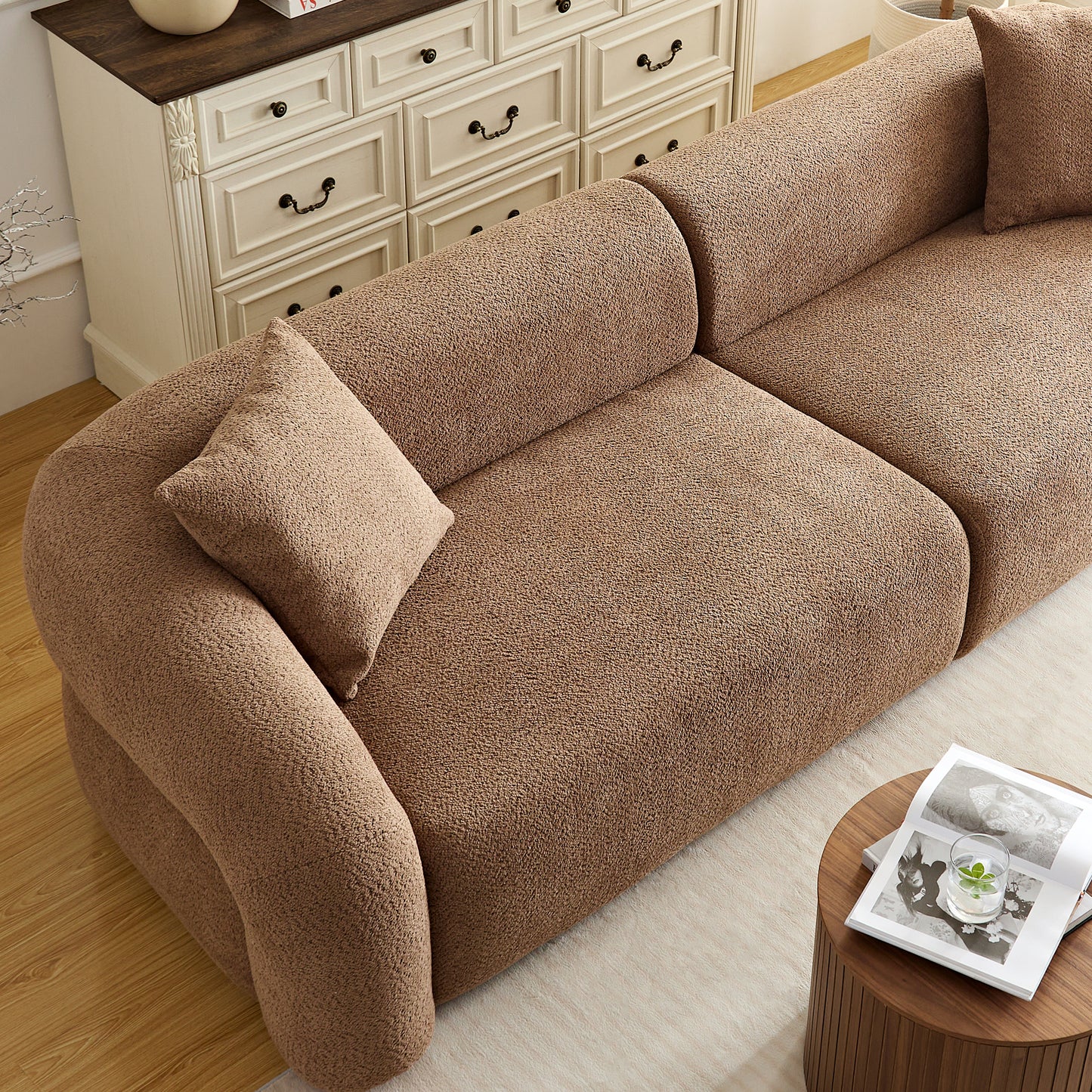 WKS15C camel sectional sofa with removable pillows, durable fabric, solid wood frame, high density sponge filler