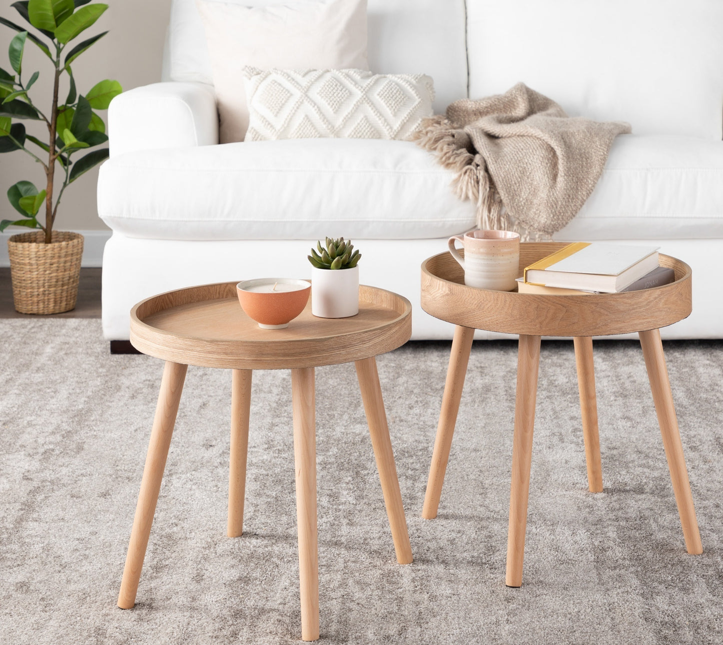 Pebble Mid-Century Modern Side Table Set in Natural Wood by LumiSource