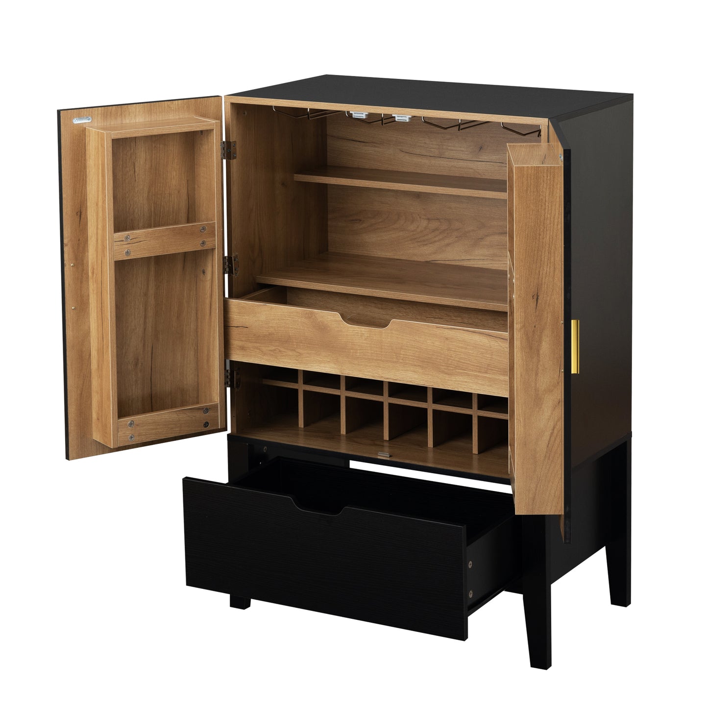 Lockers,side cabinets,Wine Bar Cabinet,Liquor Storage Credenza,Sideboard with Wine Racks & Stemware Holder,Wine glass holder,Metal handle, placed in family bars,hallways,living rooms,Color:black+Brown