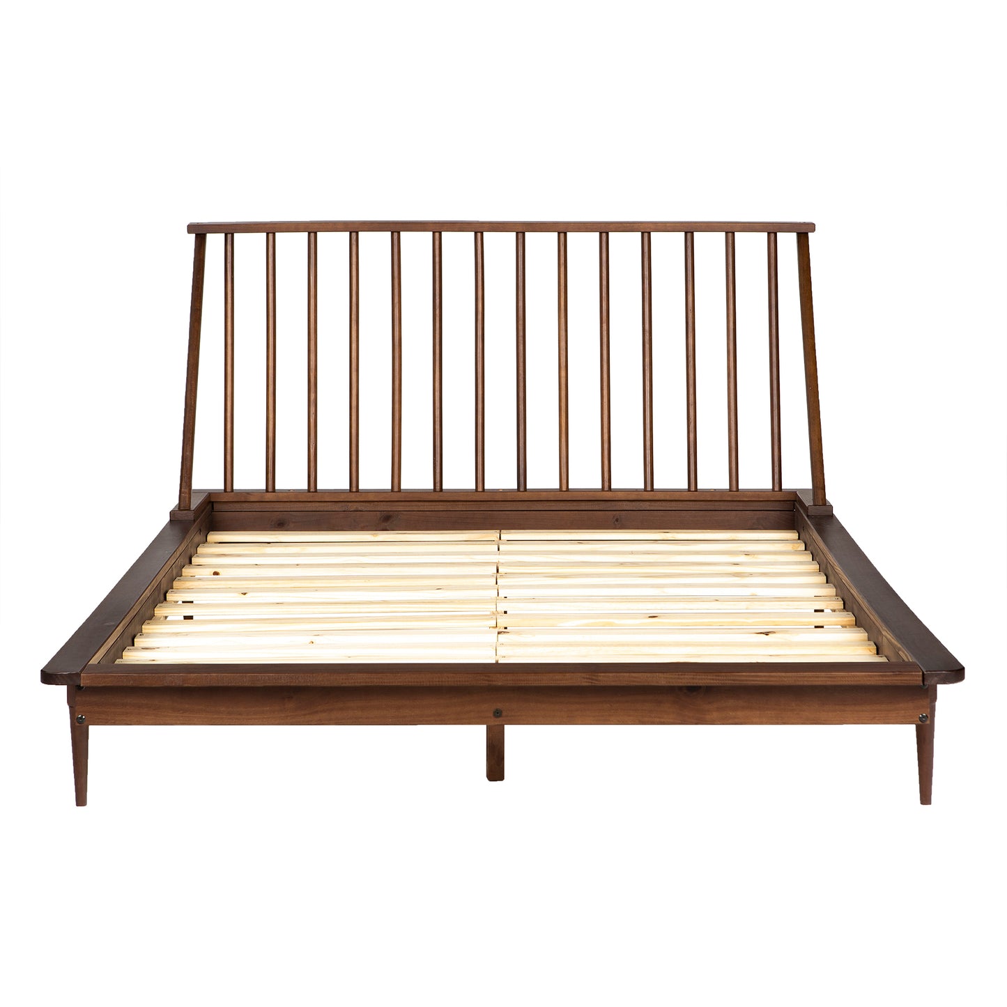 Mid-Century Modern Solid Wood Queen Platform Bed Frame with Spindle Headboard - Walnut