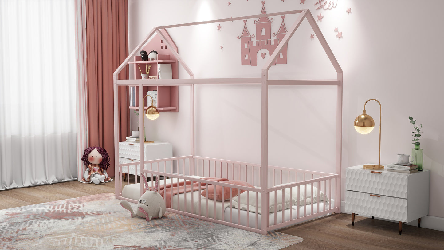 Twin Size Metal Bed House Bed Frame with Fence, for Kids, Teens, Girls, Boys, Pink