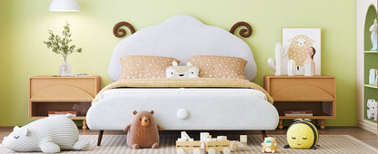 Full Size Upholstered Platform Bed with Sheep-Shaped Headboard, White