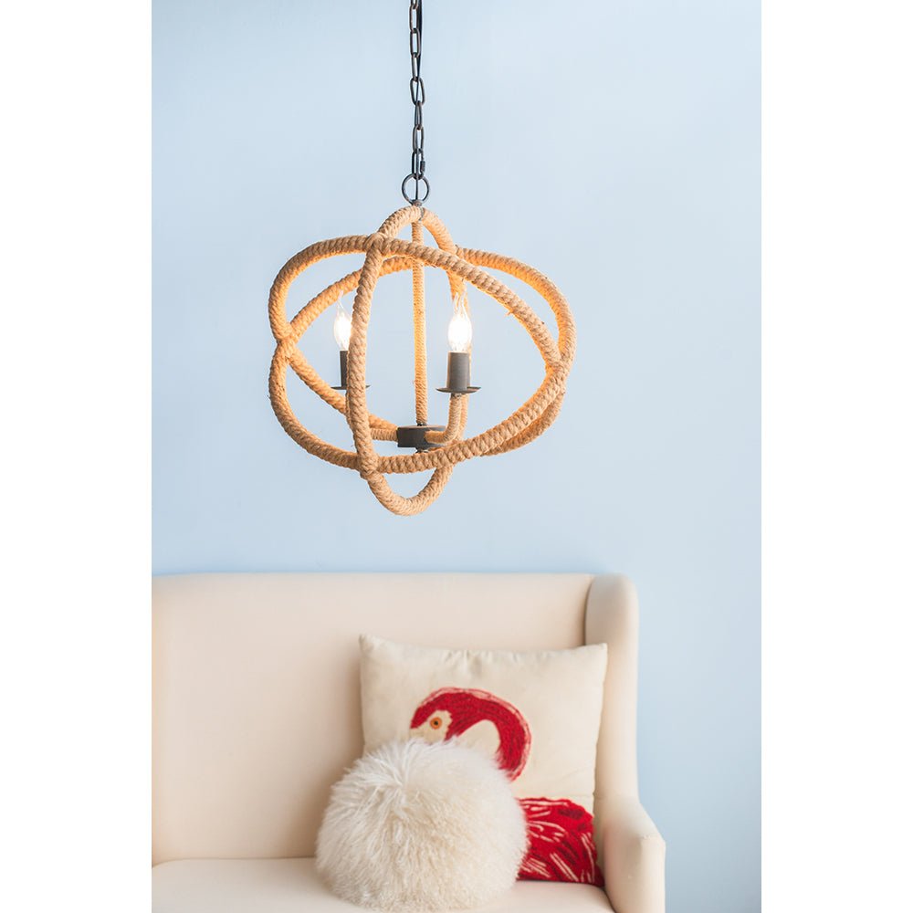 3- Light Farmhouse Chandelier, Rope Chandelier Globe Hanging Light Fixture with with Adjustable Chain for Kitchen Dining Room Foyer Entryway, Bulb Not Included - Groovy Boardz