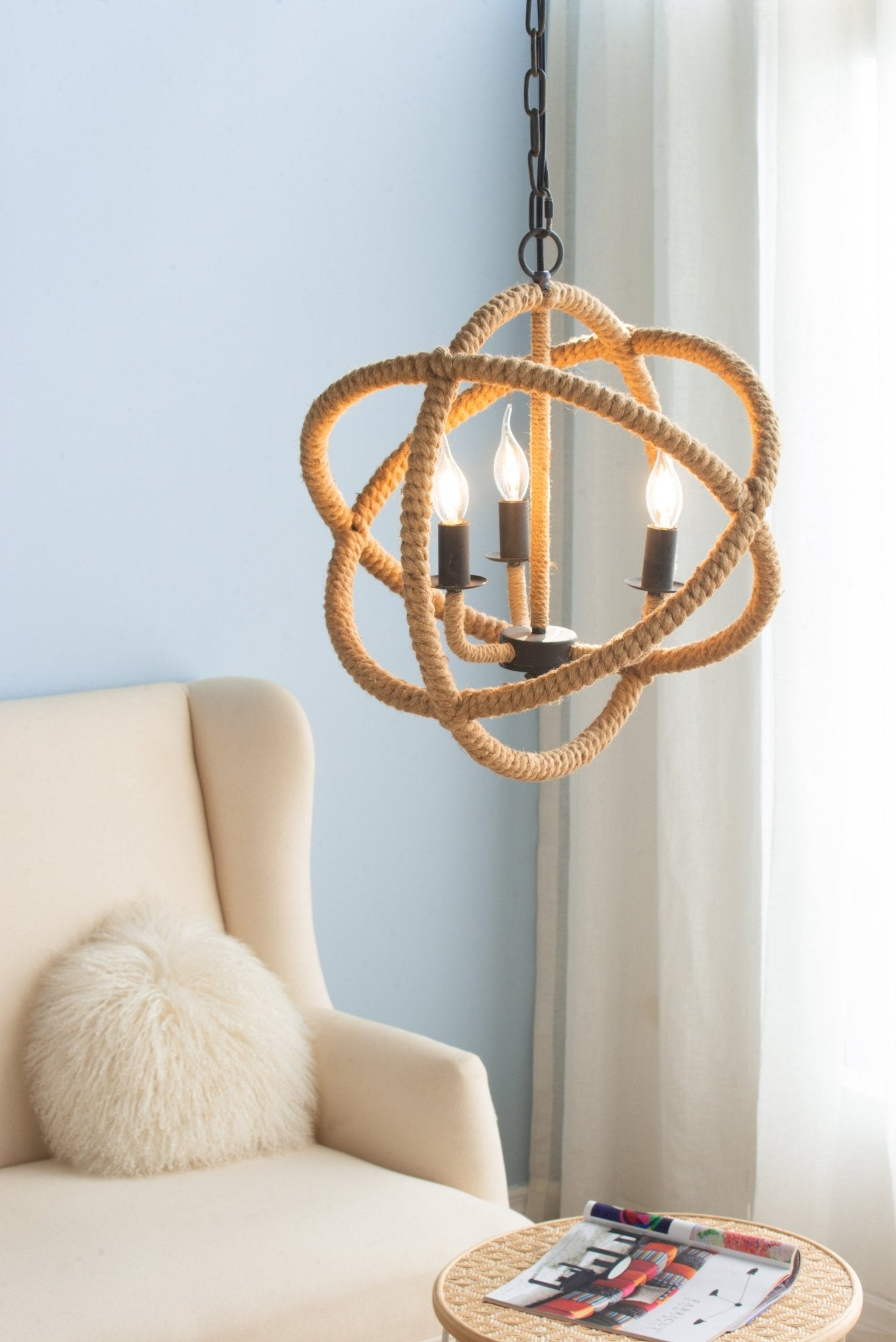 3- Light Farmhouse Chandelier, Rope Chandelier Globe Hanging Light Fixture with with Adjustable Chain for Kitchen Dining Room Foyer Entryway, Bulb Not Included - Groovy Boardz