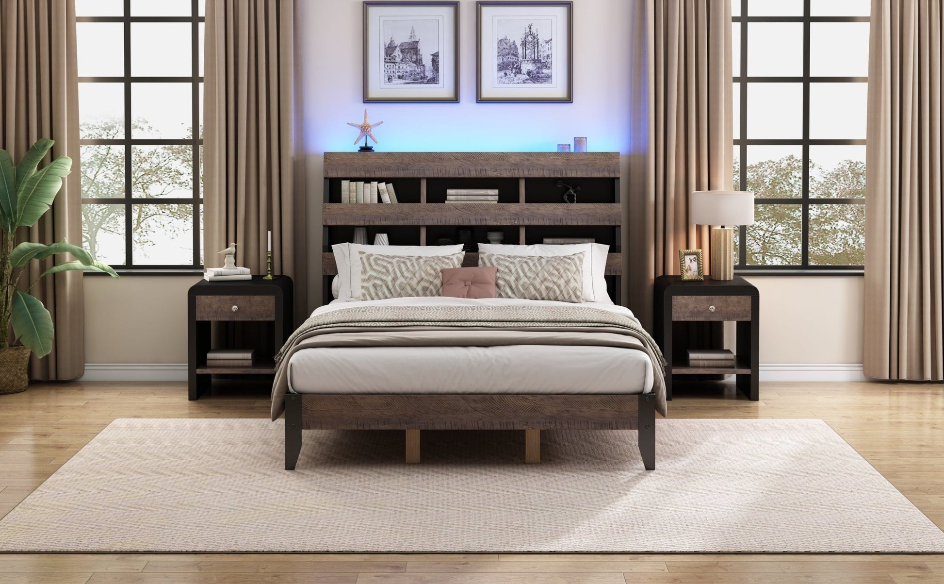 3 Pieces Bedroom Sets Mid Century Modern Style Queen Bed Frame with Bookshelf and LED Lights and USB Port and Two Nightstands, Walnut and Black - Groovy Boardz