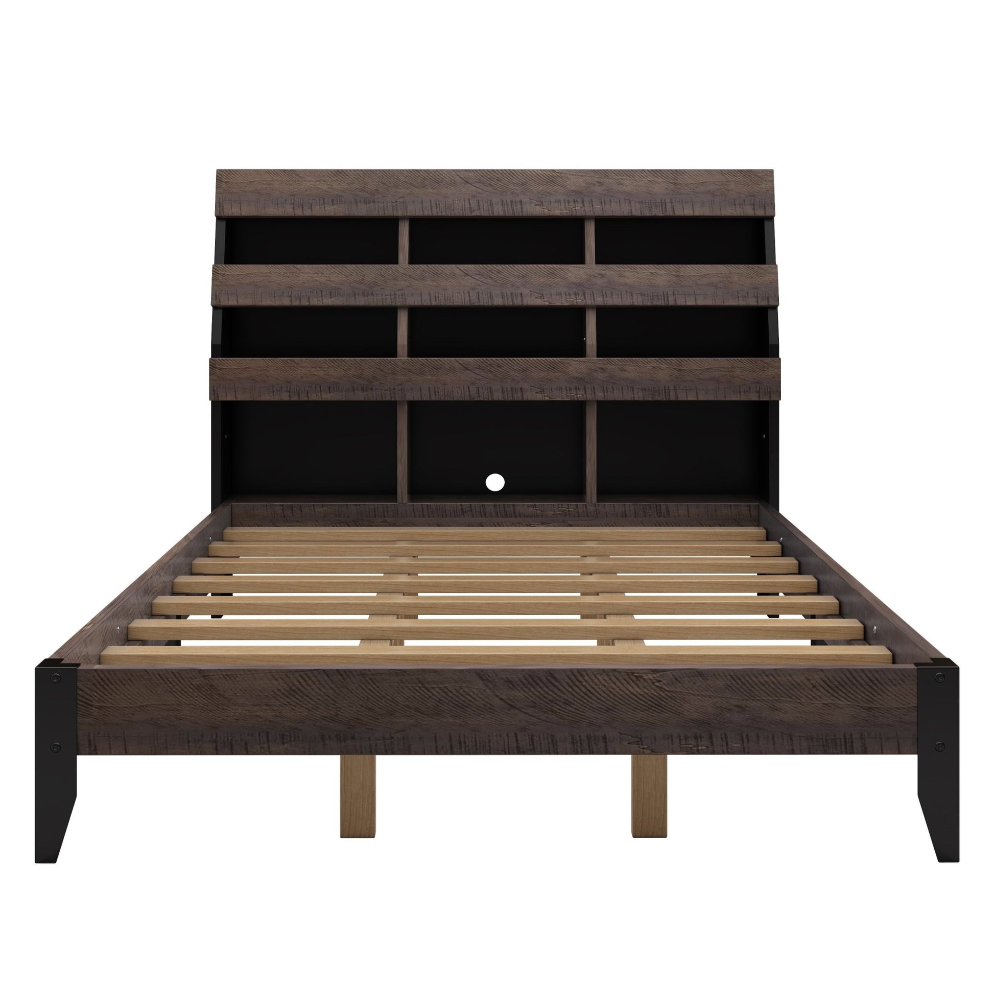 3 Pieces Bedroom Sets Mid Century Modern Style Queen Bed Frame with Bookshelf and LED Lights and USB Port and Two Nightstands, Walnut and Black - Groovy Boardz