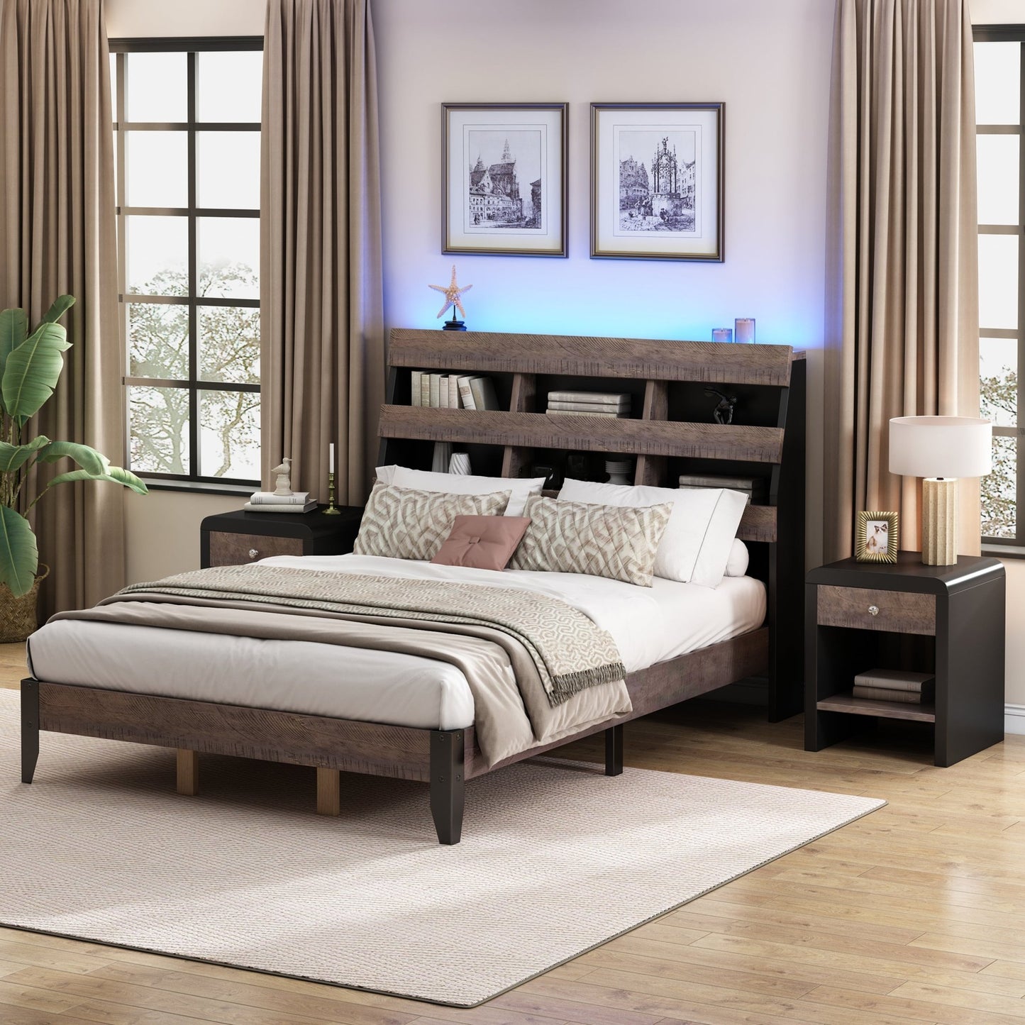 3 Pieces Bedroom Sets Mid Century Modern Style Queen Bed Frame with Bookshelf and LED Lights and USB Port and Two Nightstands, Walnut and Black - Groovy Boardz