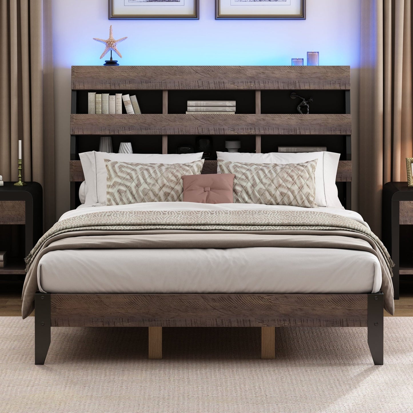 3 Pieces Bedroom Sets Mid Century Modern Style Queen Bed Frame with Bookshelf and LED Lights and USB Port and Two Nightstands, Walnut and Black - Groovy Boardz