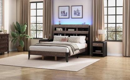 3 Pieces Bedroom Sets Mid Century Modern Style Queen Bed Frame with Bookshelf and LED Lights and USB Port and Two Nightstands, Walnut and Black - Groovy Boardz