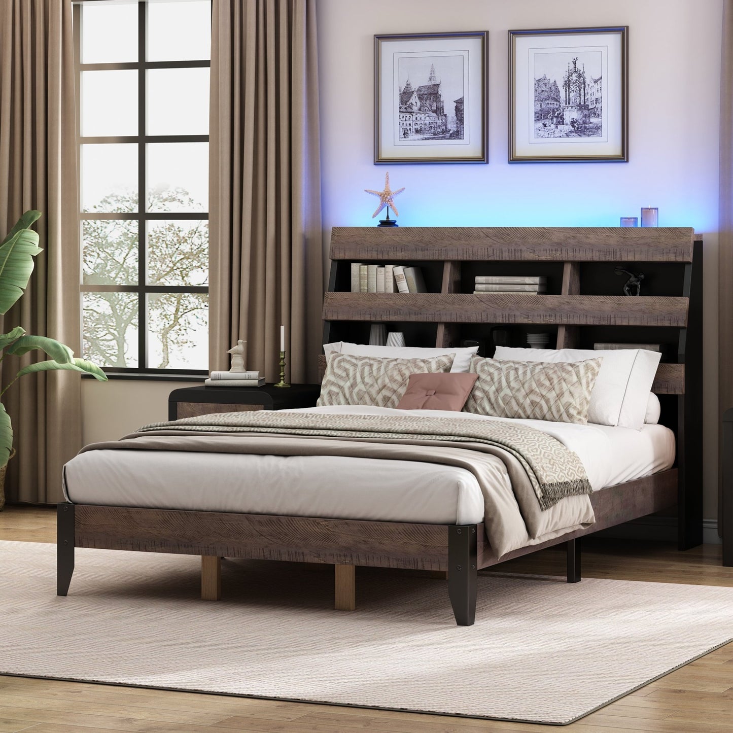 3 Pieces Bedroom Sets Mid Century Modern Style Queen Bed Frame with Bookshelf and LED Lights and USB Port and Two Nightstands, Walnut and Black - Groovy Boardz