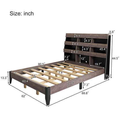 3 Pieces Bedroom Sets Mid Century Modern Style Queen Bed Frame with Bookshelf and LED Lights and USB Port and Two Nightstands, Walnut and Black - Groovy Boardz